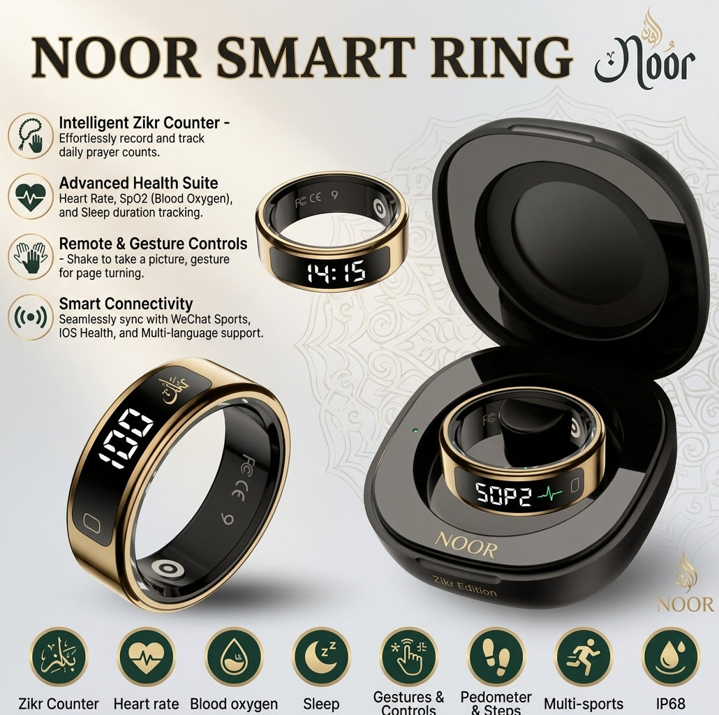Noor Smart Ring - Premium Digital Tasbih/Zikr & Prayer Reminder LED Display Screen Heart Rate Blood Oxygen Monitoring Waterproof Multi Sports Modes Smart Ring