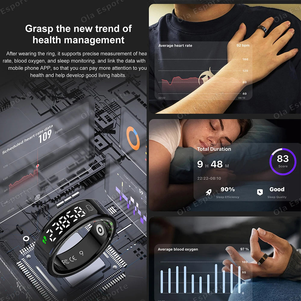 Noor Smart Ring - Premium Digital Tasbih/Zikr & Prayer Reminder LED Display Screen Heart Rate Blood Oxygen Monitoring Waterproof Multi Sports Modes Smart Ring