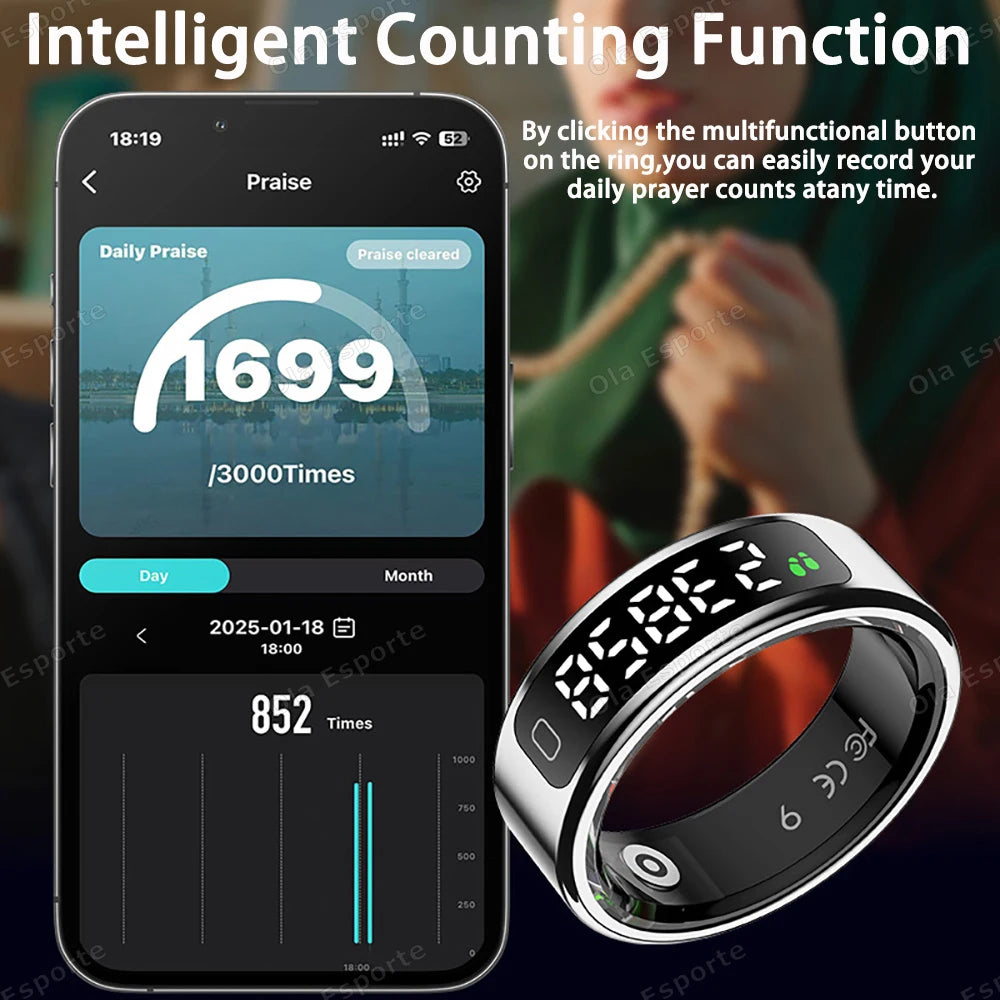 Noor Smart Ring - Premium Digital Tasbih/Zikr & Prayer Reminder LED Display Screen Heart Rate Blood Oxygen Monitoring Waterproof Multi Sports Modes Smart Ring